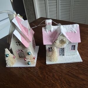 2 Pastel Christmas Pink Putz House Ornaments Bottlebrush Trees